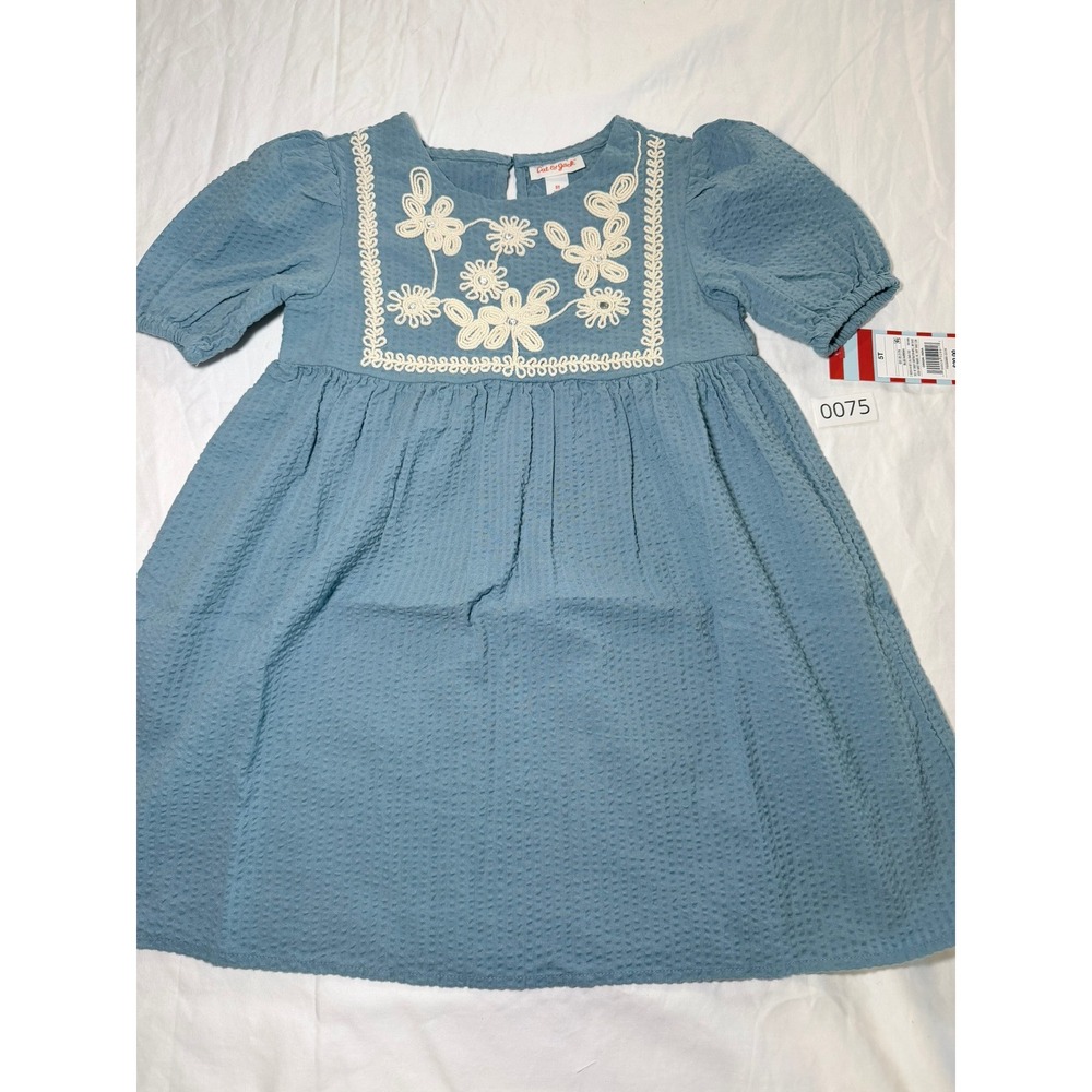 Cat & Jack Girls Blue Textured Gauze Floral Embroidered Puff Sleeve Dress 5T NWT